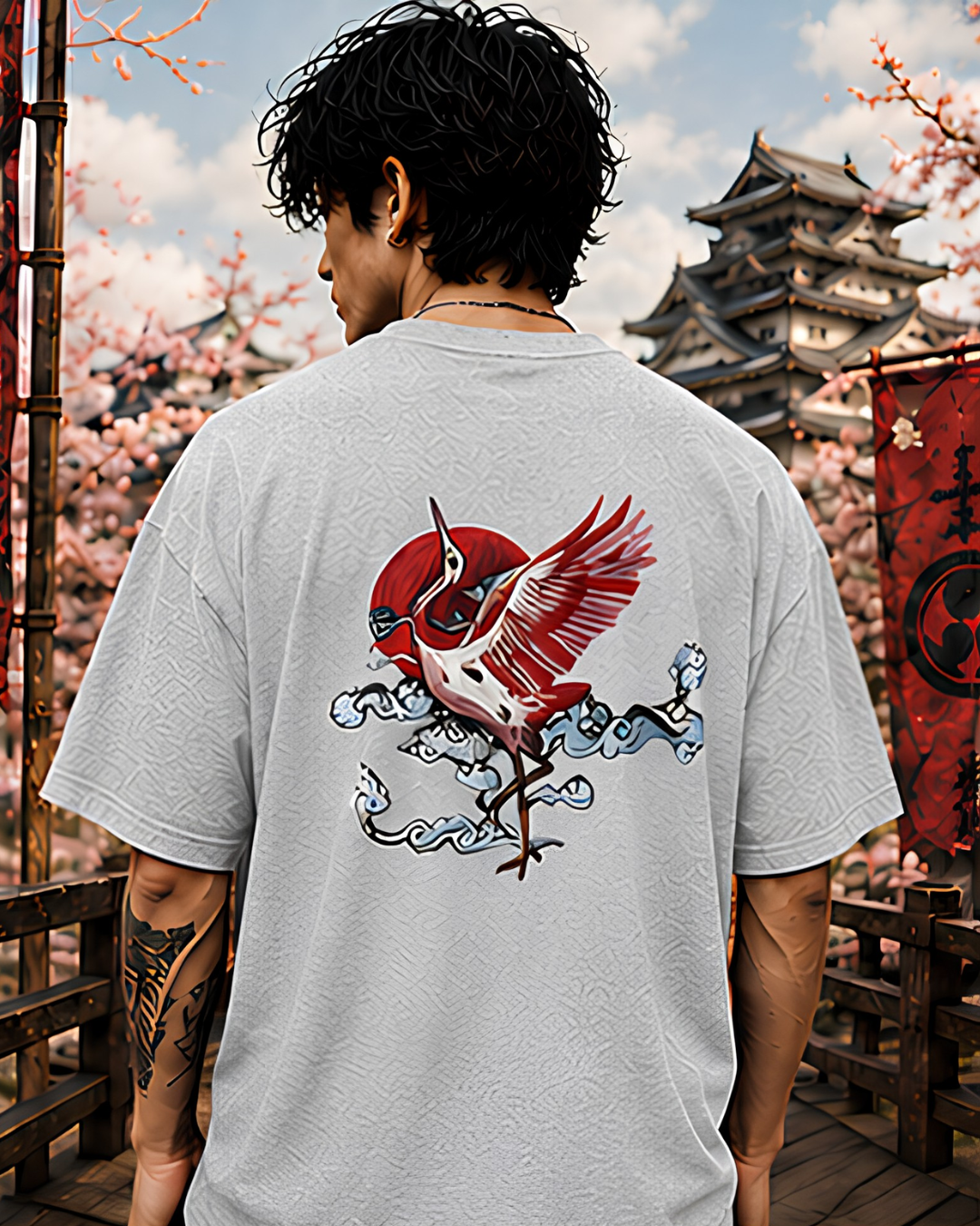 Unisex Oversized "Crimson Crane" T-Shirt