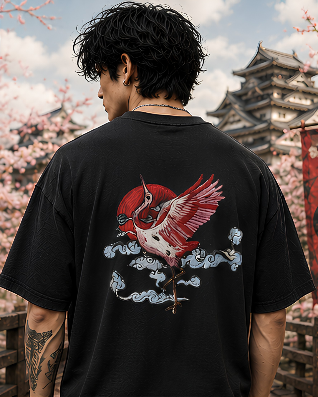 Unisex Oversized "Crimson Crane" T-Shirt