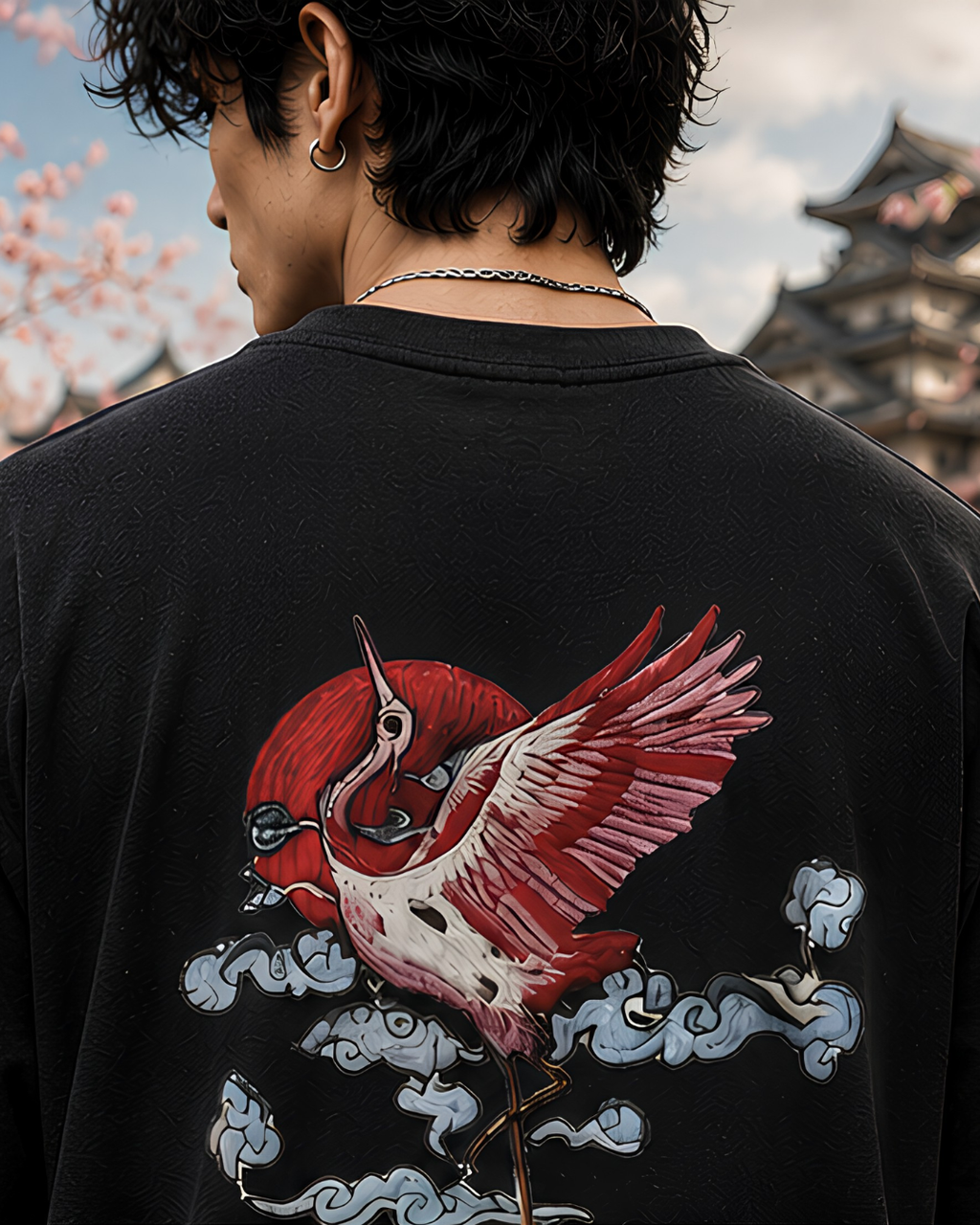 Unisex Oversized "Crimson Crane" T-Shirt