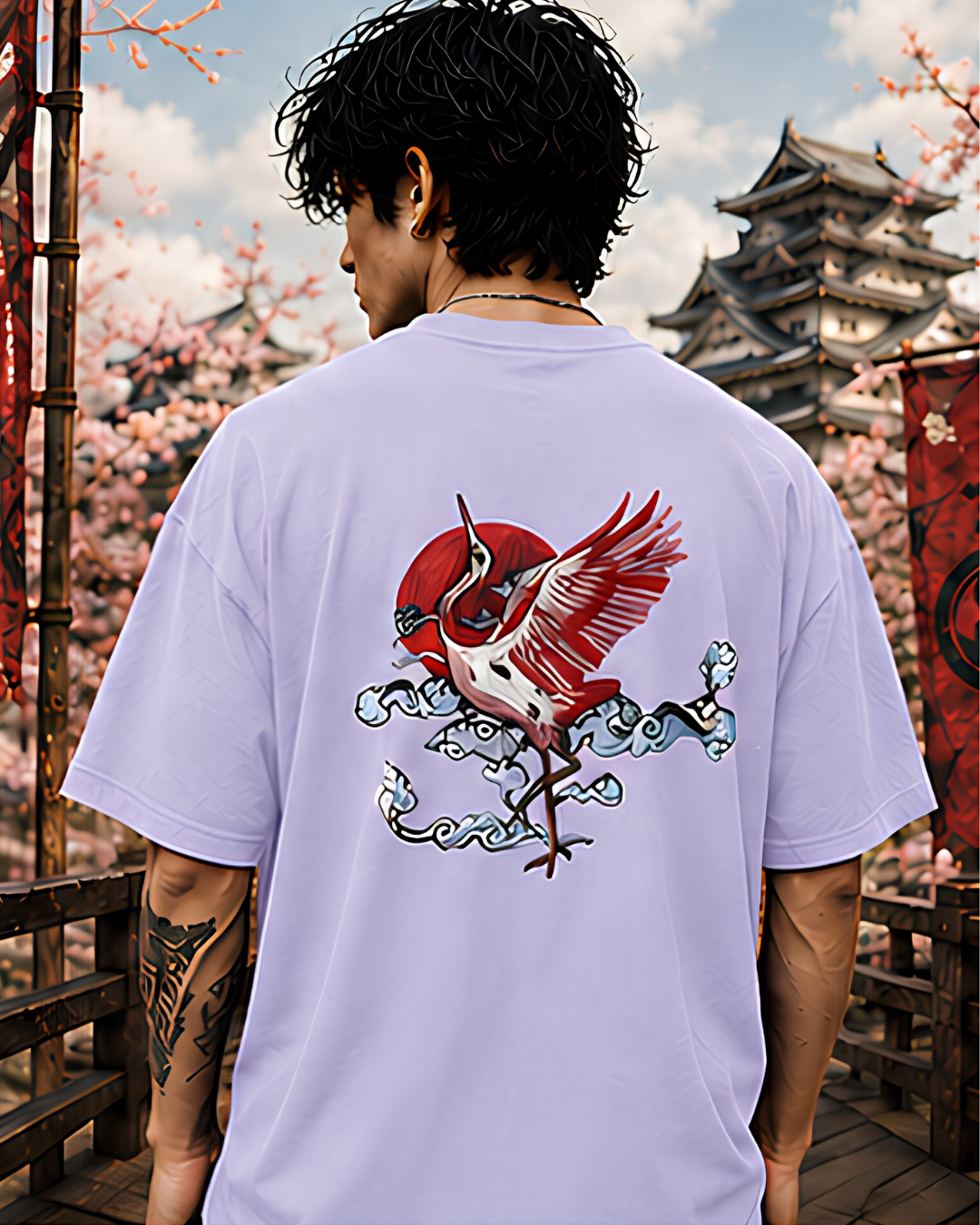 Unisex Oversized "Crimson Crane" T-Shirt