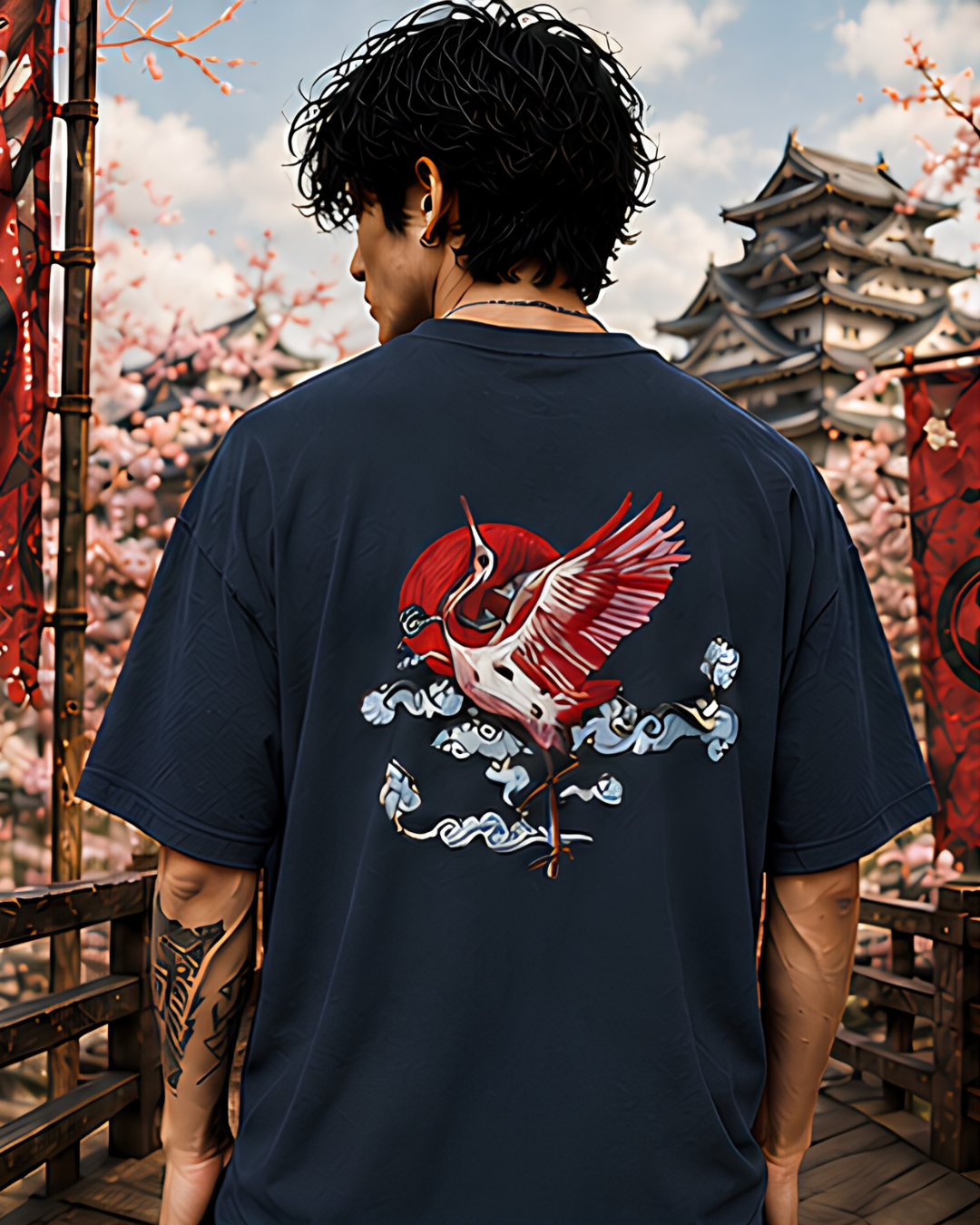 Unisex Oversized "Crimson Crane" T-Shirt
