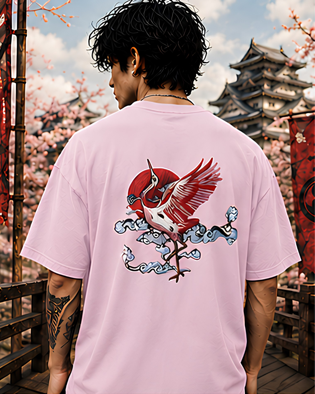 Unisex Oversized "Crimson Crane" T-Shirt
