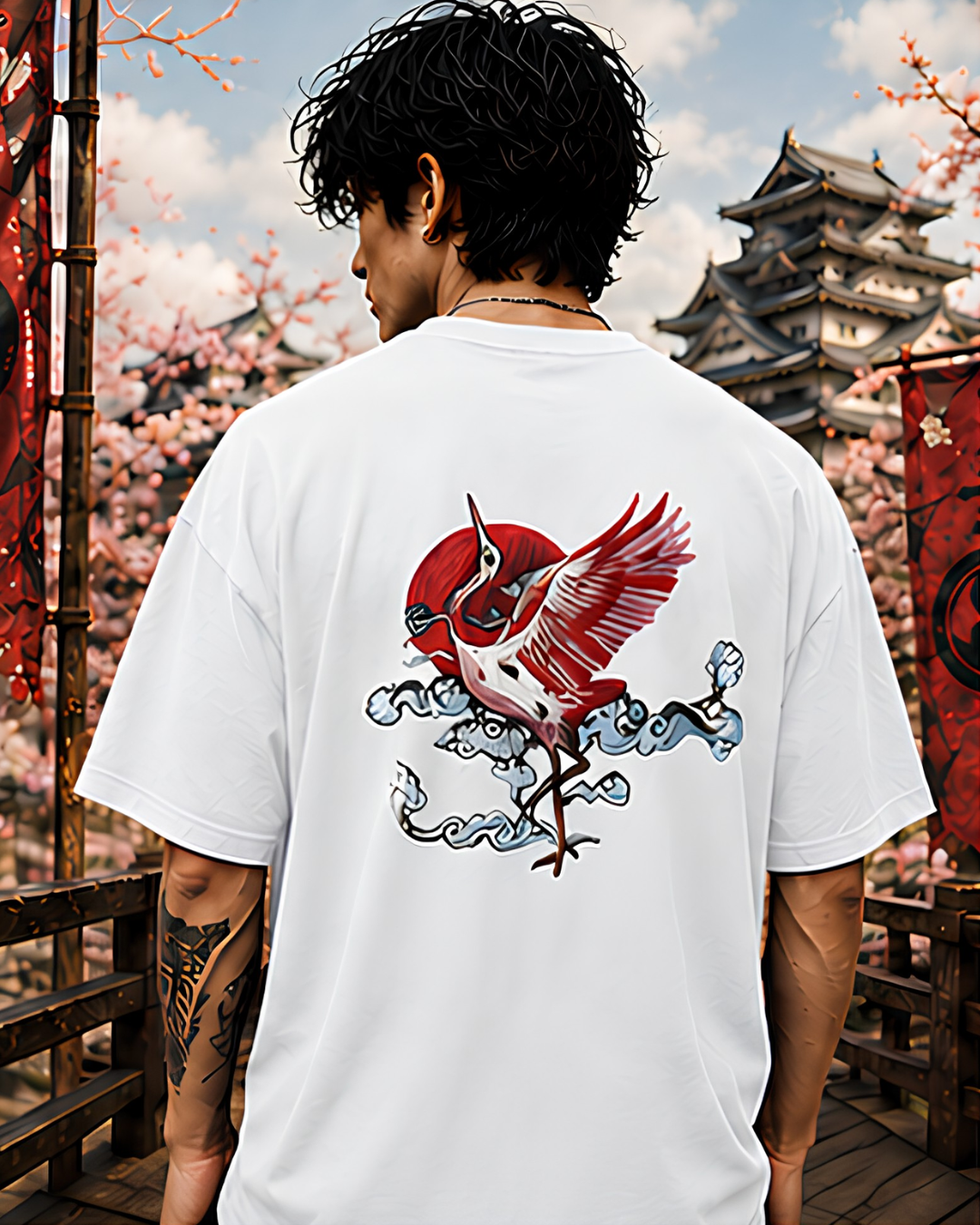 Unisex Oversized "Crimson Crane" T-Shirt