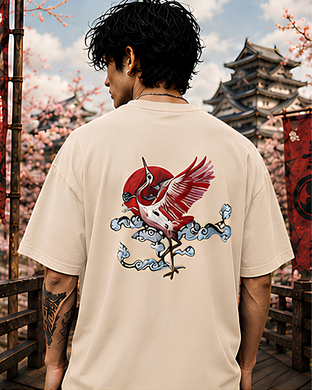 Unisex Oversized "Crimson Crane" T-Shirt